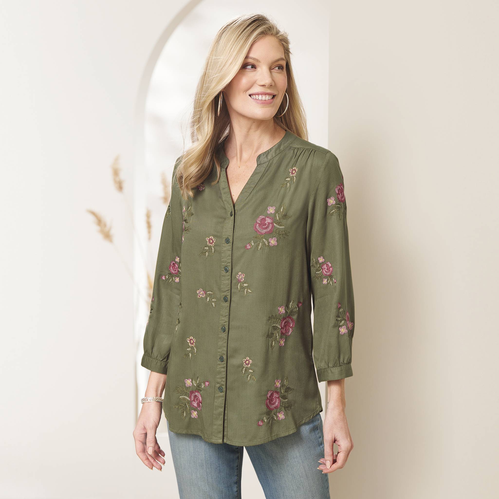 Embroidered Button-Front Top, 3/4 Sleeves with Button Cuffs - Northstyle Catalog