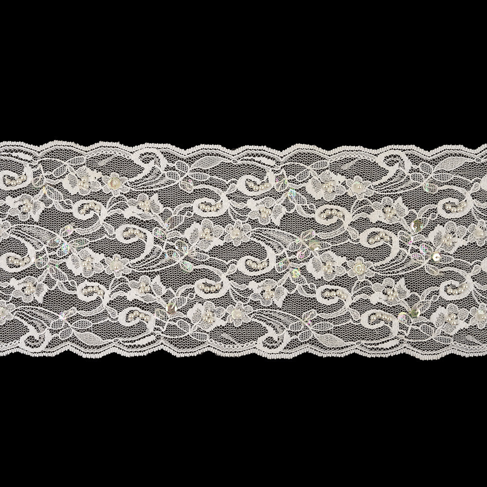 White and Iridescent Floral Beaded and Sequins Lace Trim with Scalloped Edges - 4.375