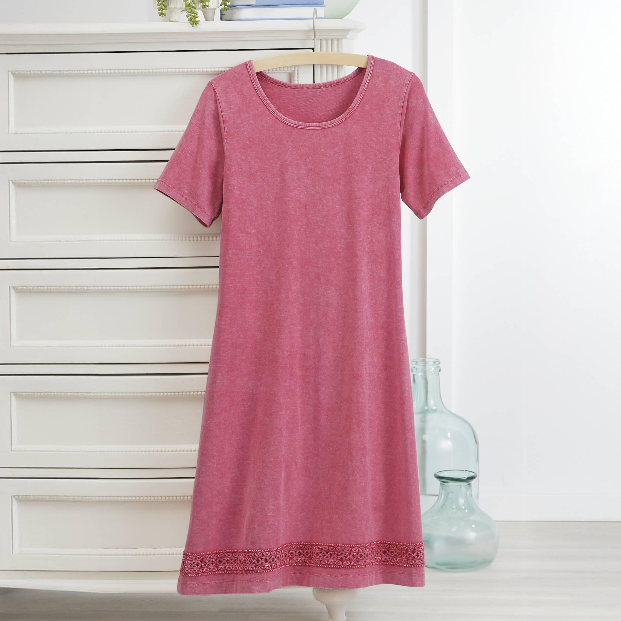 Crochet-Inset Vintage-Wash Knit Dress, Short Sleeves, Side Slits - Northstyle Catalog