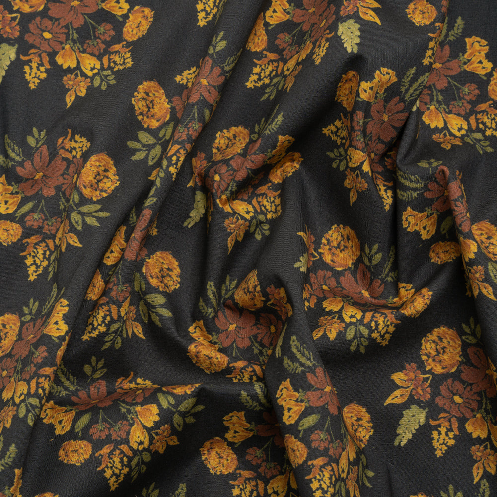 Stretch Cotton Poplin Print - Navy, Rust and Orange Floral - Mood Exclusive Amber Bunches - Joann Fabrics