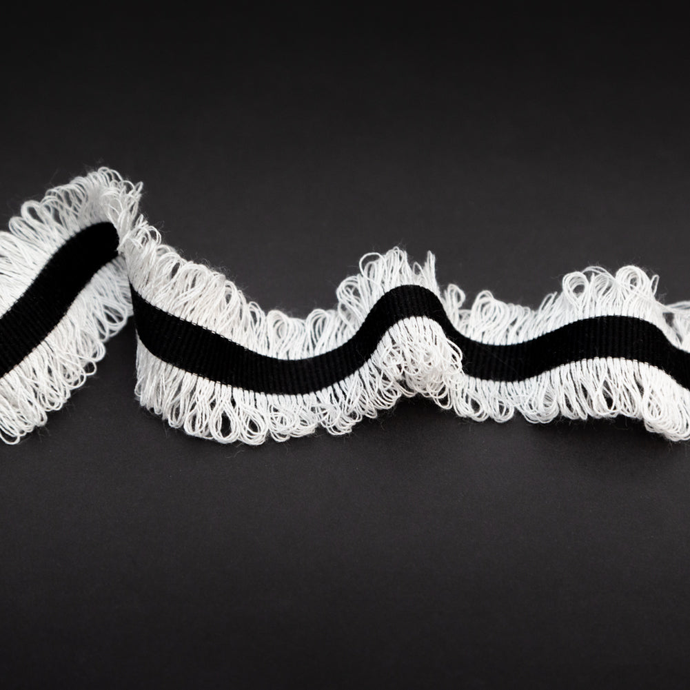 Italian Black and Light Gray Wool Grosgrain Trim with Loop Fringe Edges - 1.5