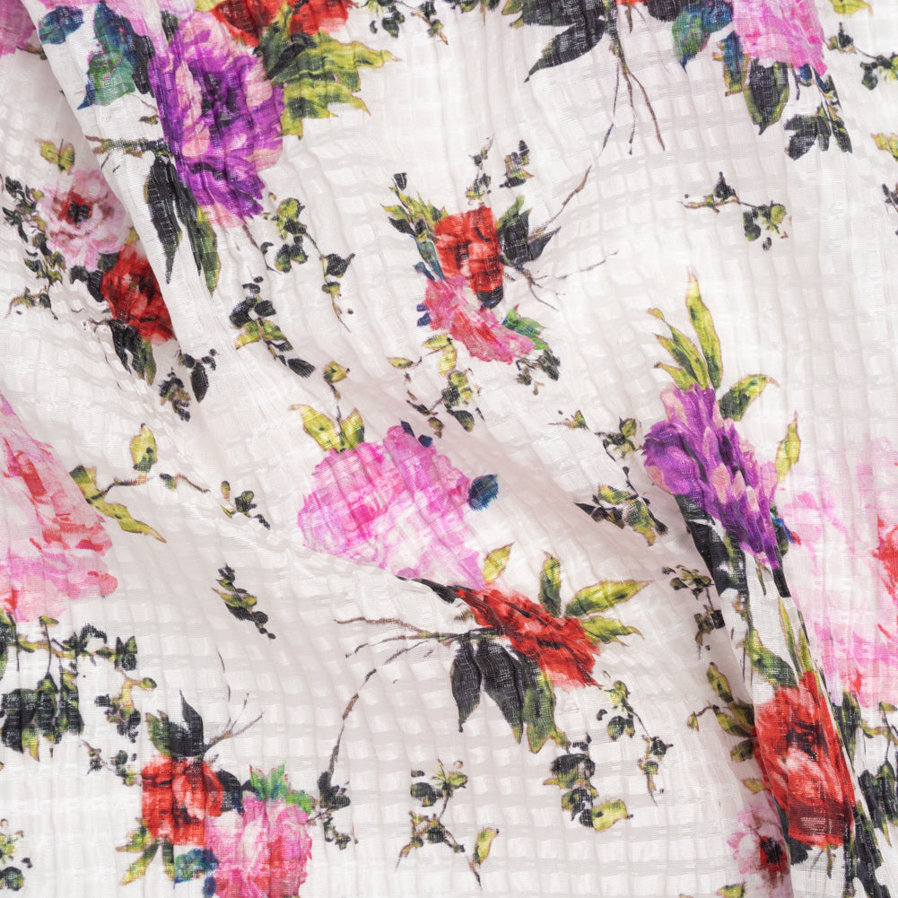 Ruched Silk Blend Striped Dobby Made in Italy - White, Pink and Purple Floral - Deadstock - Joann Fabrics