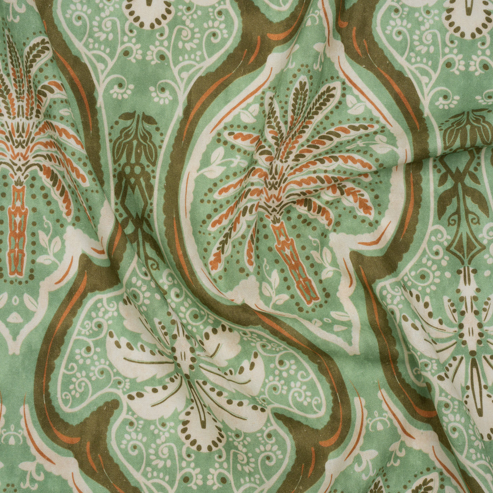 Linen and Rayon Woven - Seafoam, Olive and Burnt Orange Fanciful Palm Ogees - Mood Exclusive Frond Flow Print - Joann Fabrics