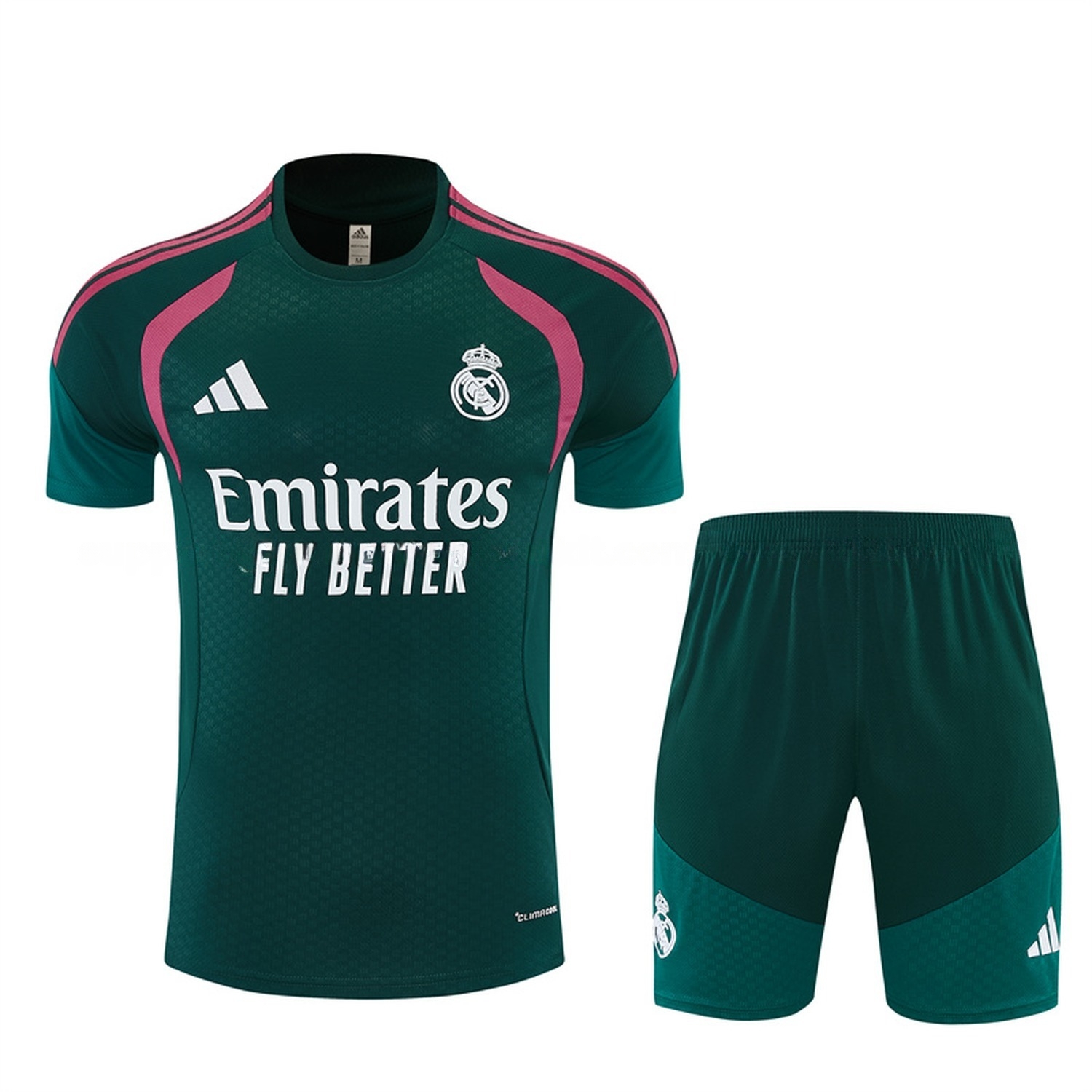 Real Madrid 26-27 Rose Red Stripes Short-Sleeve Training Set - Dark Green Top & Dark Green Shorts - UnitedFutballJersey