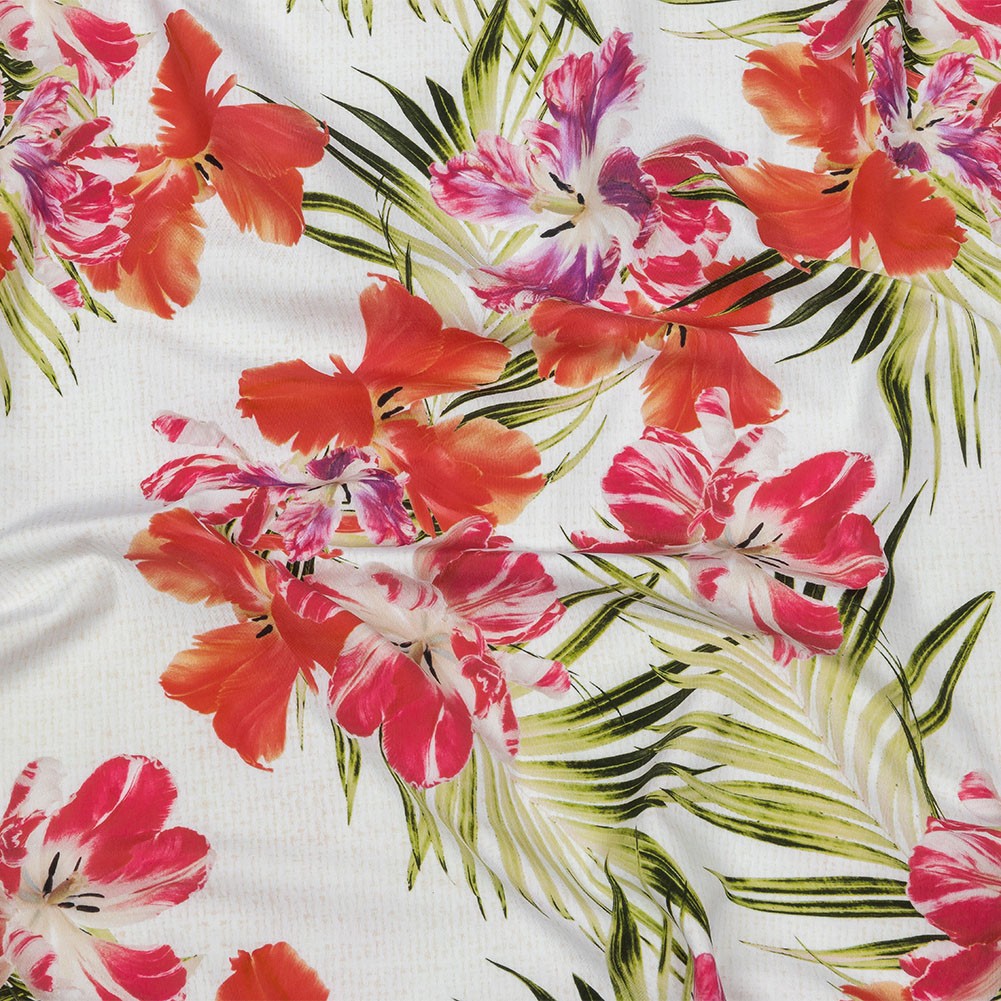 Compression Swimwear Tricot, UV Protective with Aloe Vera Microcapsules - Pink and Orange Tropical Floral - Caye Collection - Joann Fabrics