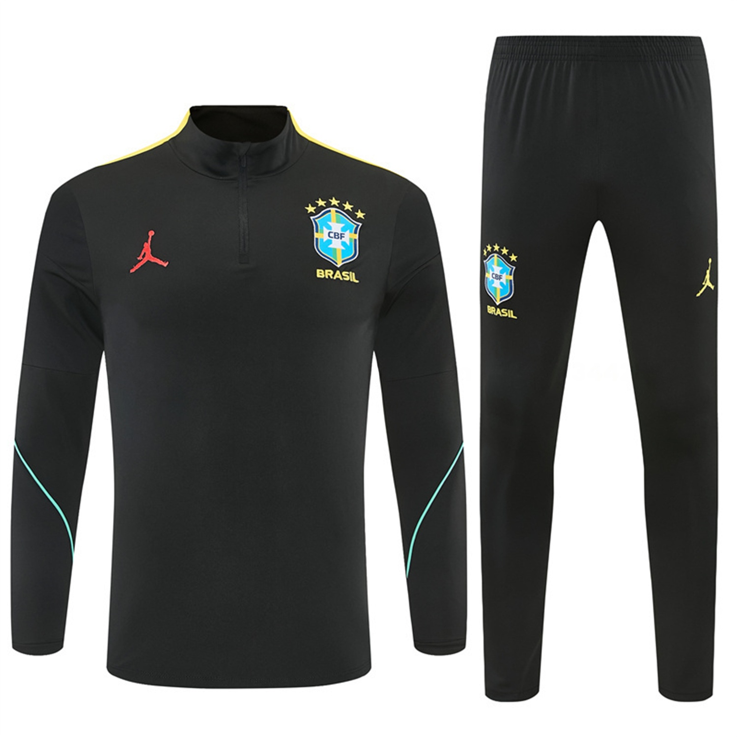 Brazil X JD 2026 Long Sleeves Training Set - Black Top And Black Yellow Pants - UnitedFutballJersey