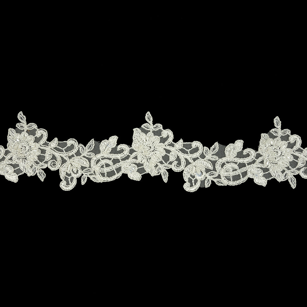 White Floral Beaded Bridal Lace Trim with Striped Metallic Silver Cording - 2.5
