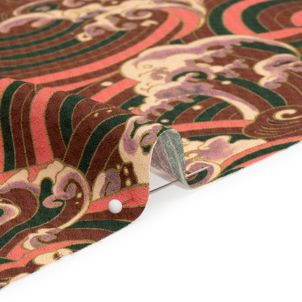 Sustainable Viscose Floral Jacquard Print - Pink, Green and Brown Striped Waves - Mood Exclusive Hokusai Hymnal - Joann Fabrics