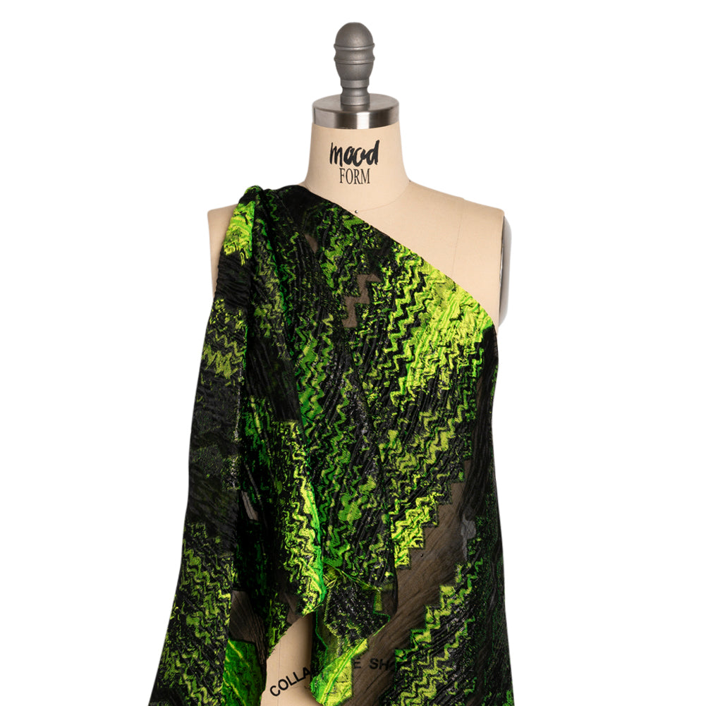 Metallic Black and Lime Green Drifting Rifts Crinkled Luxury Burnout Brocade - Joann Fabrics