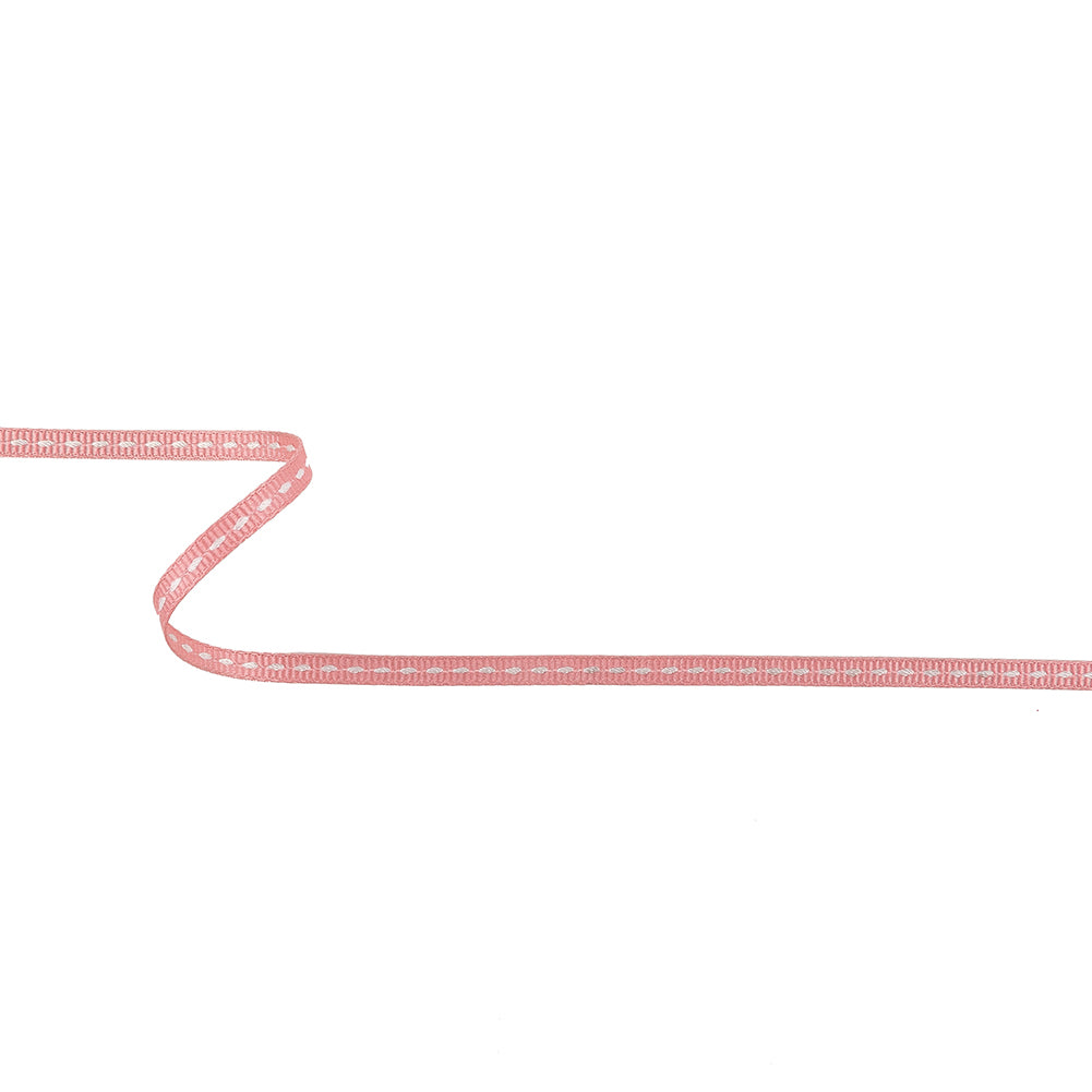 Coral Pink Grosgrain Ribbon with Lucent White Stitching - 0.25