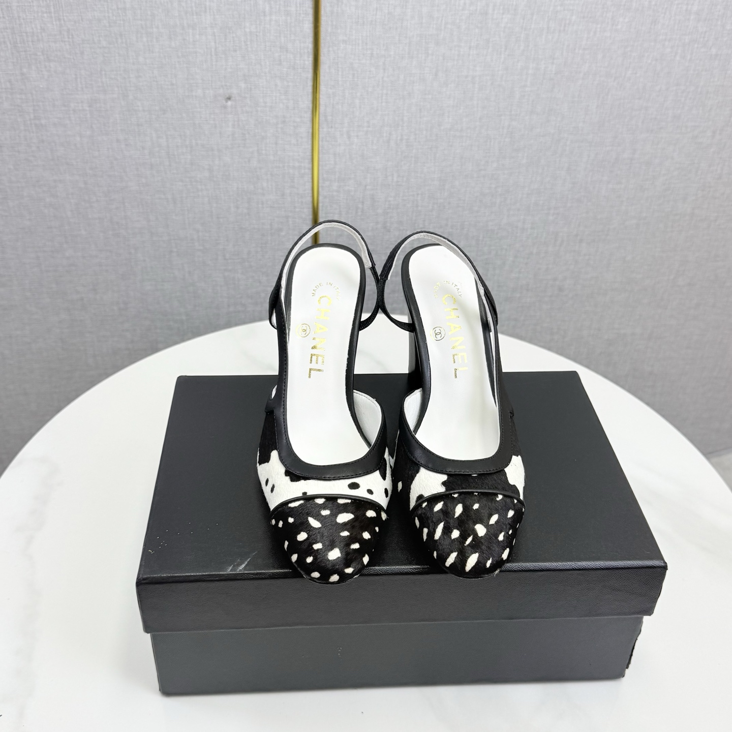 Chanel high heels, pony hair patchwork women's shoes, square toe chunky heel sandals