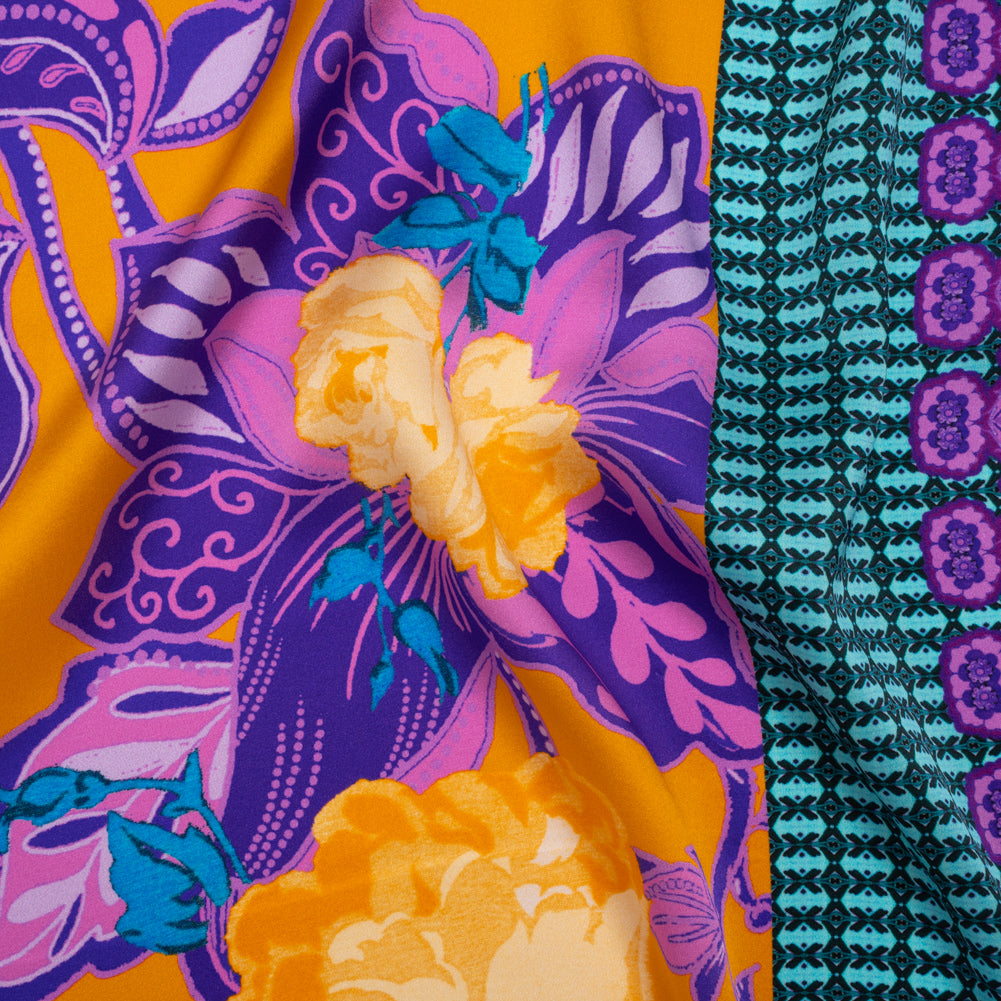 Silk Charmeuse Print 16MM, Made in Italy - Golden Yellow, Purple and Teal Floral and Abstract Stripes - Joann Fabrics