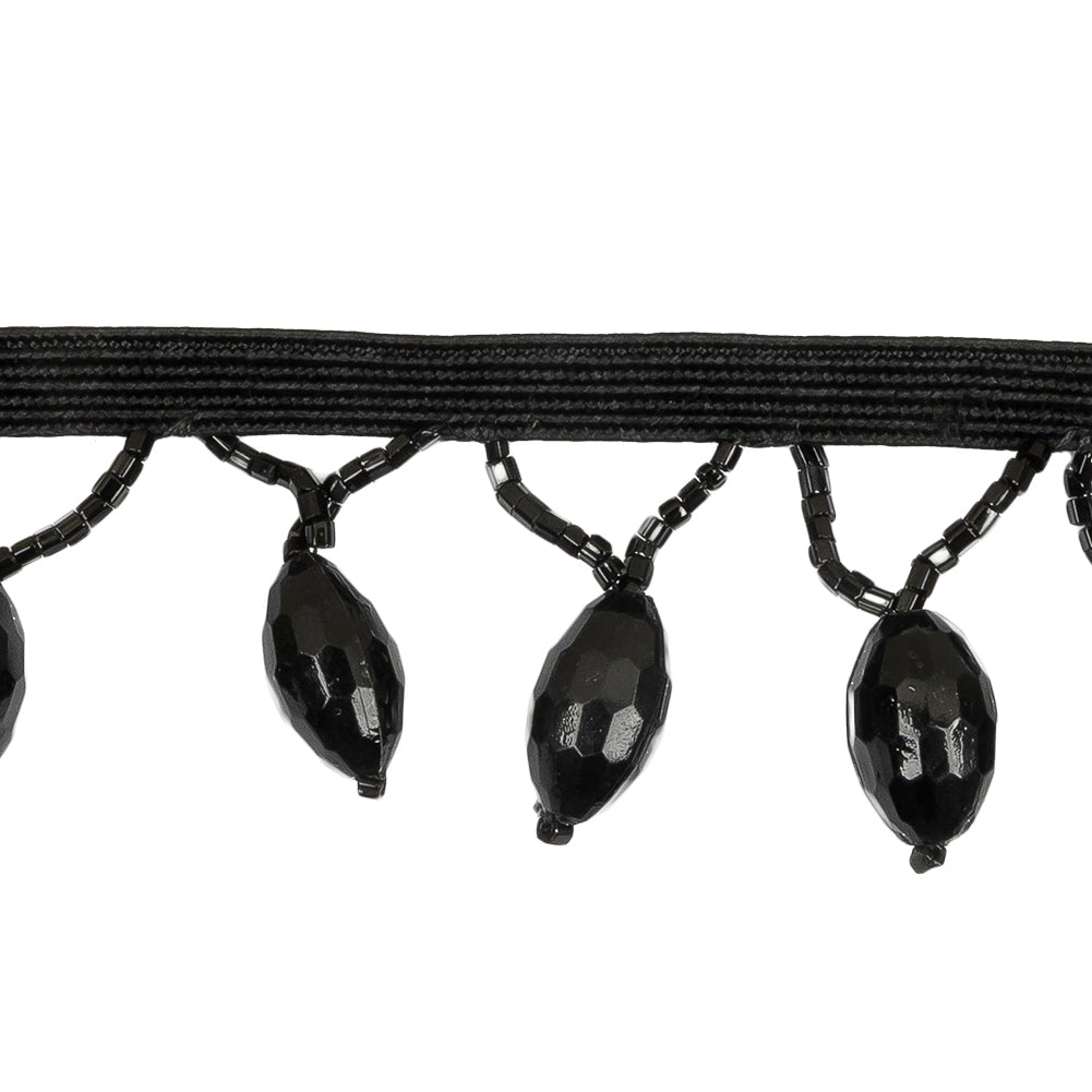 Vintage Black Faceted Lozenge and Seed Beaded Fringe - 1.25