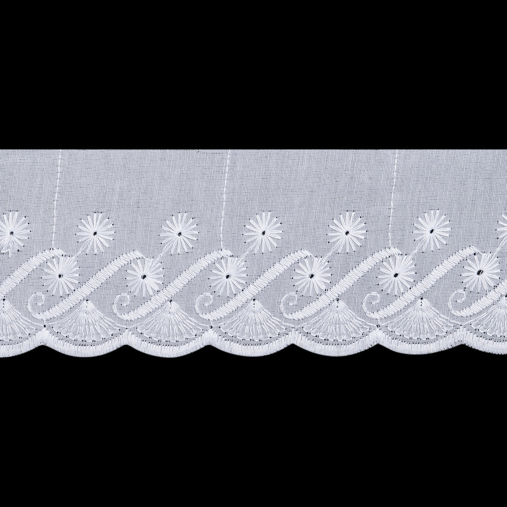 Cotton and Polyester Embroidered Eyelet Lace Trim with One Finished Scalloped Edge - 2.5