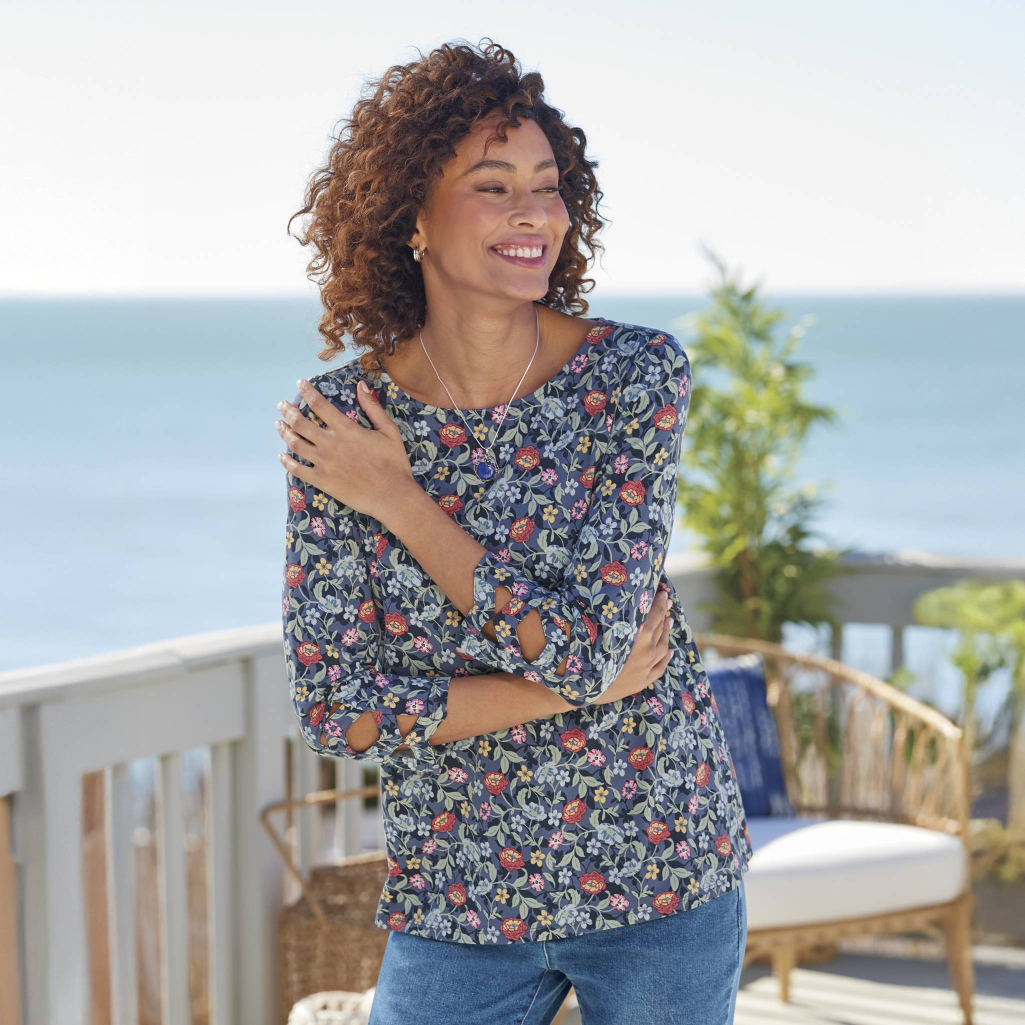 Leafy Floral Knit Top, Round Neck, 3/4 Sleeves, Side Slits - Northstyle Catalog