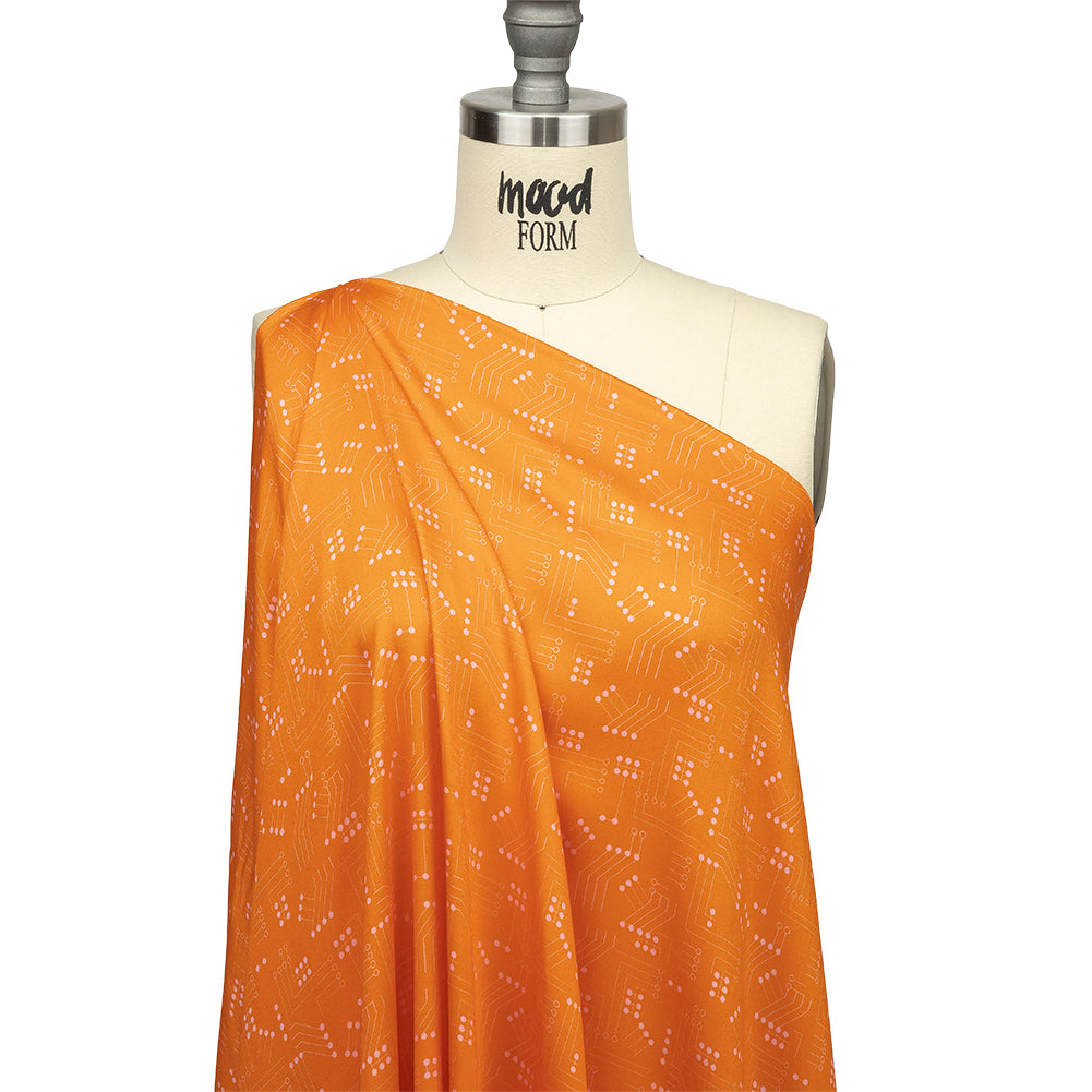 Rayon Challis - Orange Circuit Board Dots - Circuit Breaker Print - Mood Exclusive Citrus Collection - Joann Fabrics