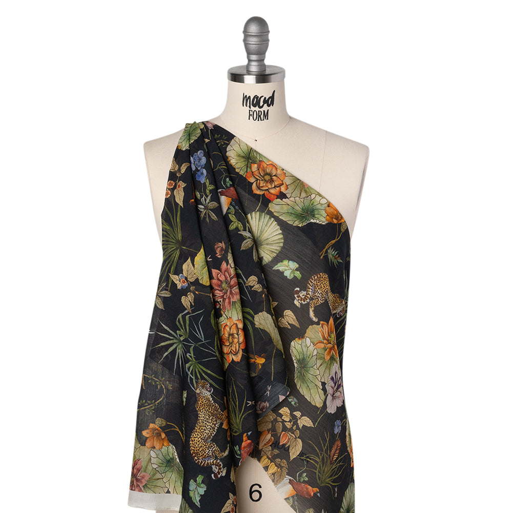 Slubbed Sheer Silk Woven Print Made in Italy - Black, Green and Orange Tropical Flora and Fauna - Deadstock - Joann Fabrics