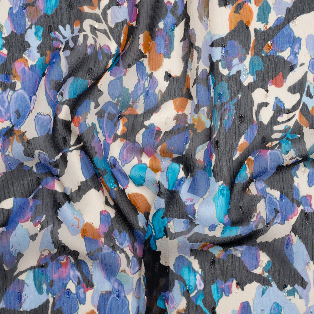 Crinkled Polyester Chiffon with Metallic Dots - Navy, Blue and Orange Abstracted Florals - Made in Italy - Joann Fabrics