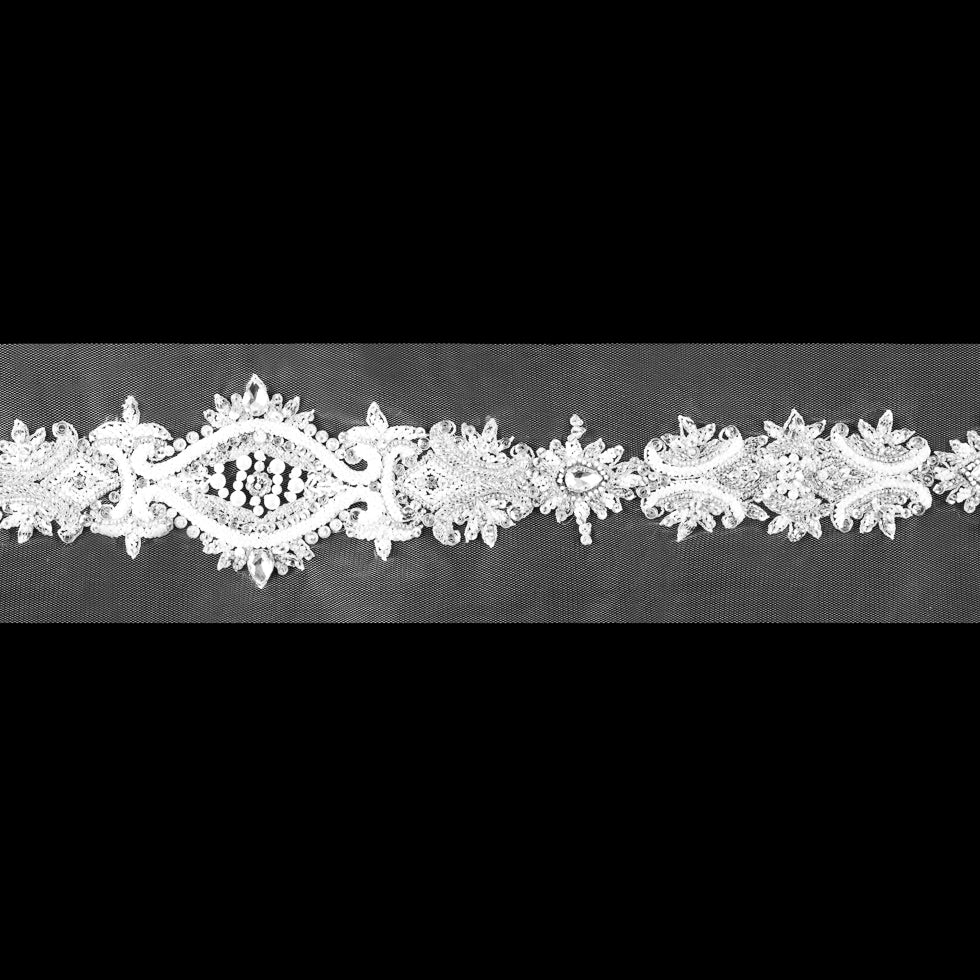 White Beaded Trim with Rhinestones - 3.5