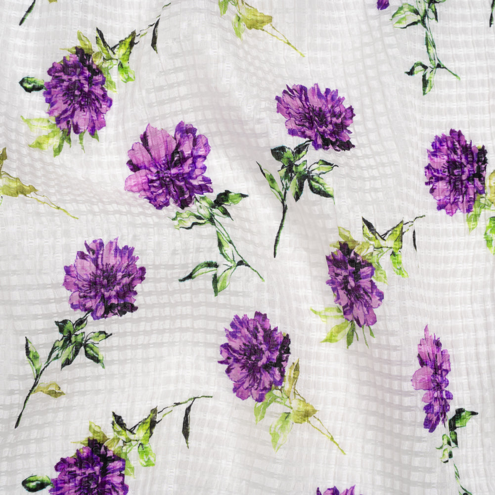 Ruched Silk Blend Striped Dobby Made in Italy - Purple, Green and White Scattered Carnations - Deadstock - Joann Fabrics