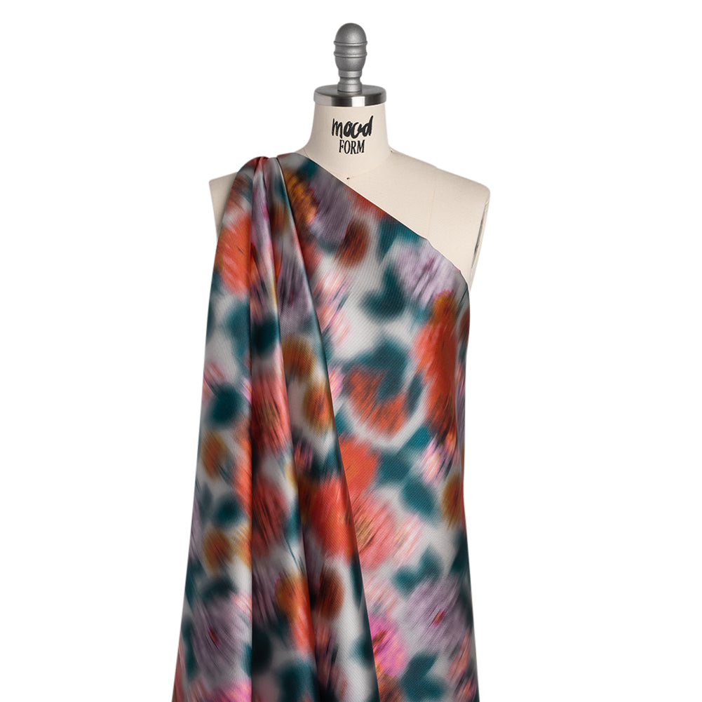 Polyester Mikado - Red Orange, Lilac and Dark Teal Ikat Flowers - Mood Exclusive Echoes of Eden Print - Joann Fabrics