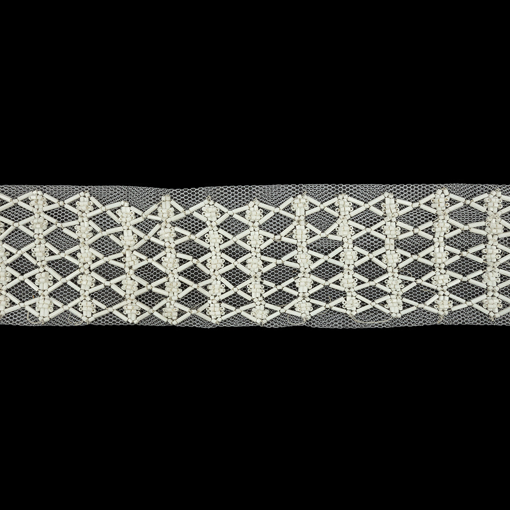 Vintage White Latticework Glass Beaded Mesh Trim - 2.125