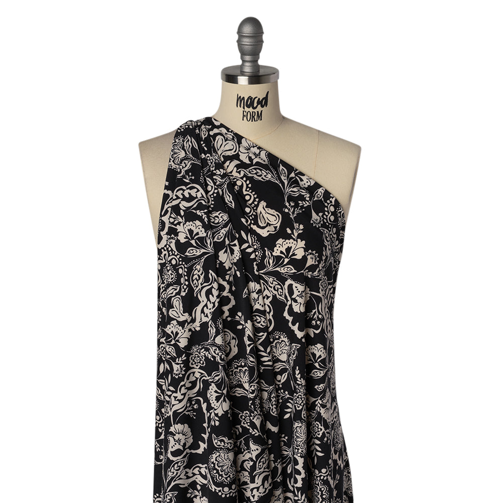Stretch Polyester Tricot Print - Black and Cream Jacobean Florals - Designer Deadstock - Joann Fabrics