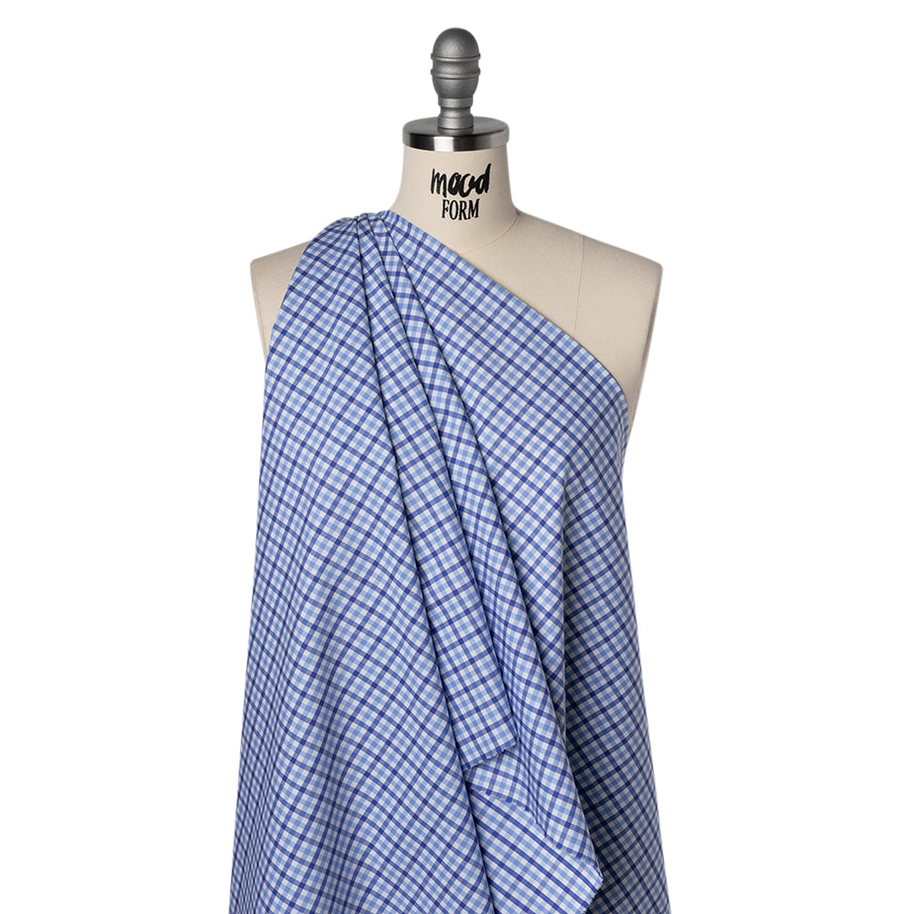 Cotton Twill Shirting - Cobalt, Sky Blue and White Tattersall Check - Designer Deadstock - Joann Fabrics