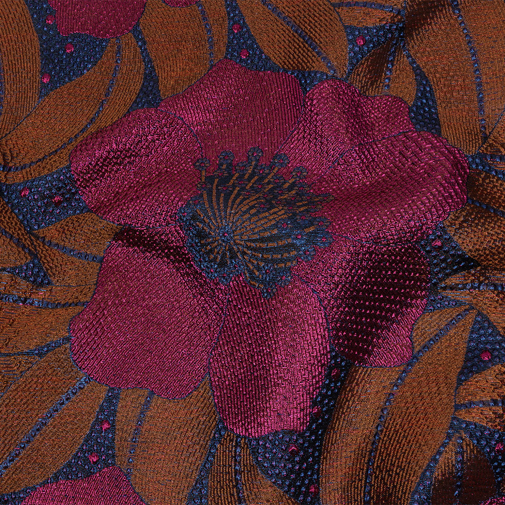 Metallic Magenta, Burnt Orange and Blue Tropical Flowers Luxury Brocade - Joann Fabrics