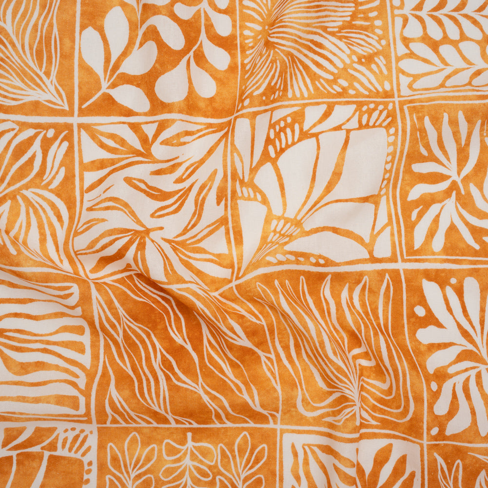 Linen and Rayon Woven - Yellow Ochre and White Leafy Blocks - Mood Exclusive Summer Solace Print - Joann Fabrics