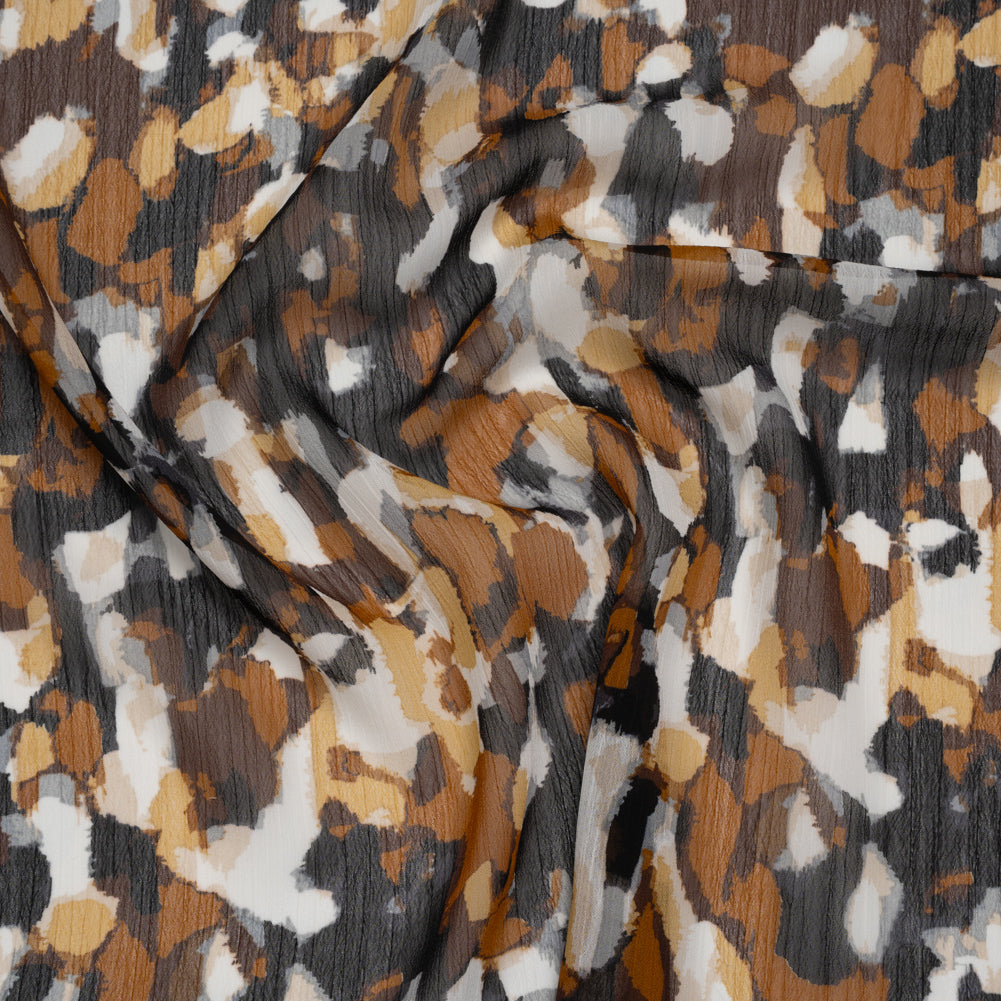 Crinkled Polyester Chiffon Print - Black, Brown and White Painterly Spots - Designer Deadstock - Joann Fabrics