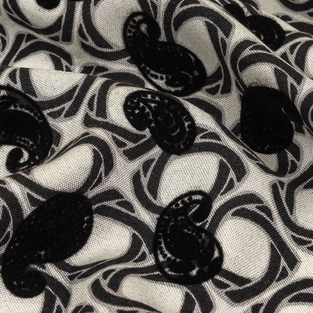 Black and White Flocked Paisley on Twisted Squares Printed Viscose Woven - Joann Fabrics