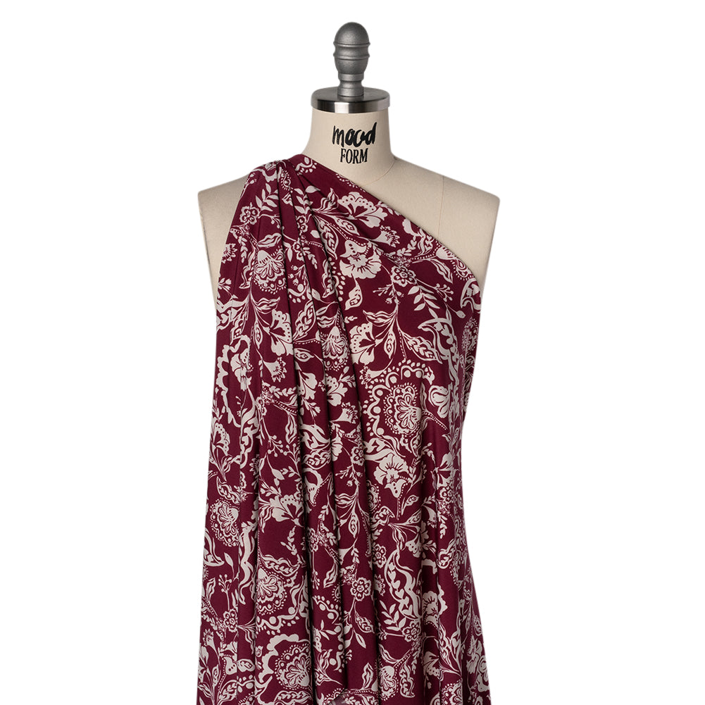Stretch Polyester Tricot Print - Raspberry and Cream Jacobean Florals - Designer Deadstock - Joann Fabrics