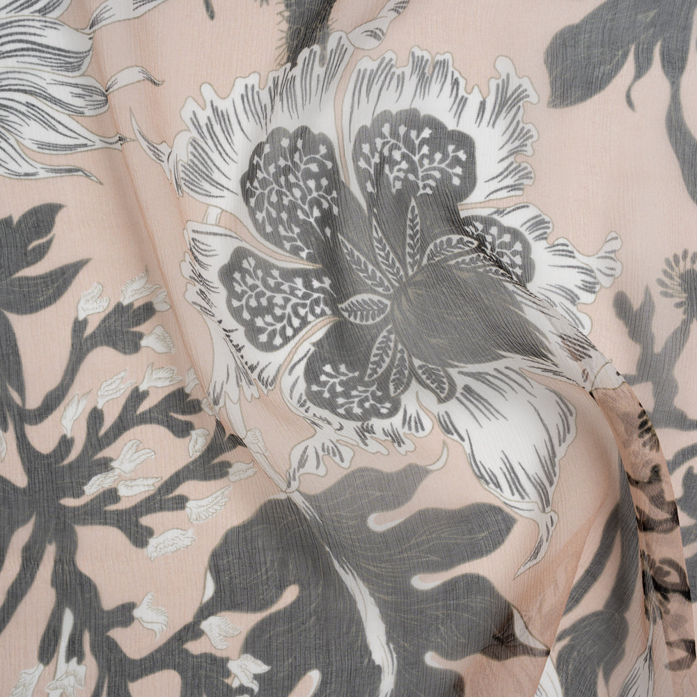 Crinkled Silk Chiffon Print - Pale Peach, Black and White Classic Tropical Floral - Deadstock - Joann Fabrics