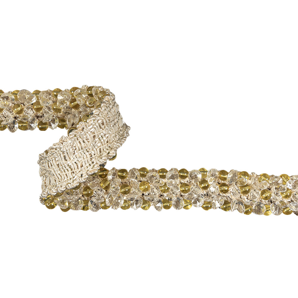Vintage Yellow and Clear Beaded Beige Cotton Blend Braided Trim - 1.25