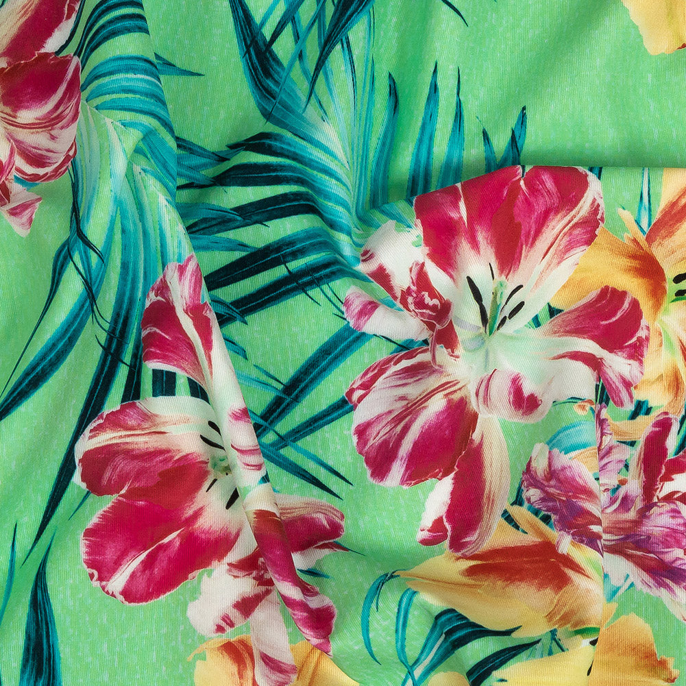 Compression Swimwear Tricot, UV Protective with Aloe Vera Microcapsules - Seafoam, Wild Orchid and Tangerine Tropical Floral - Caye Collection - Joann Fabrics