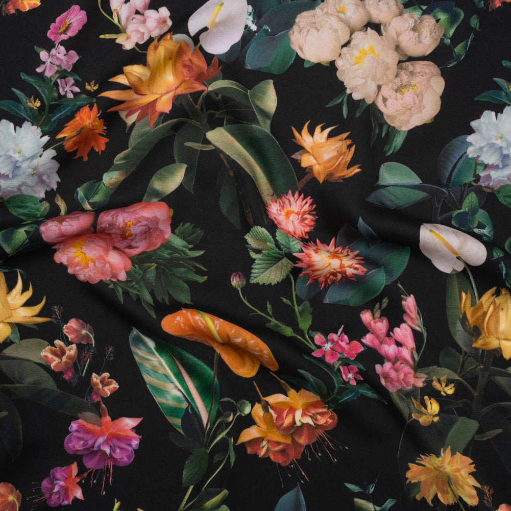Rayon Challis - Black, Green and Orange Rainforest Flowers - Mood Exclusive Rainforest Reverie Print - Joann Fabrics