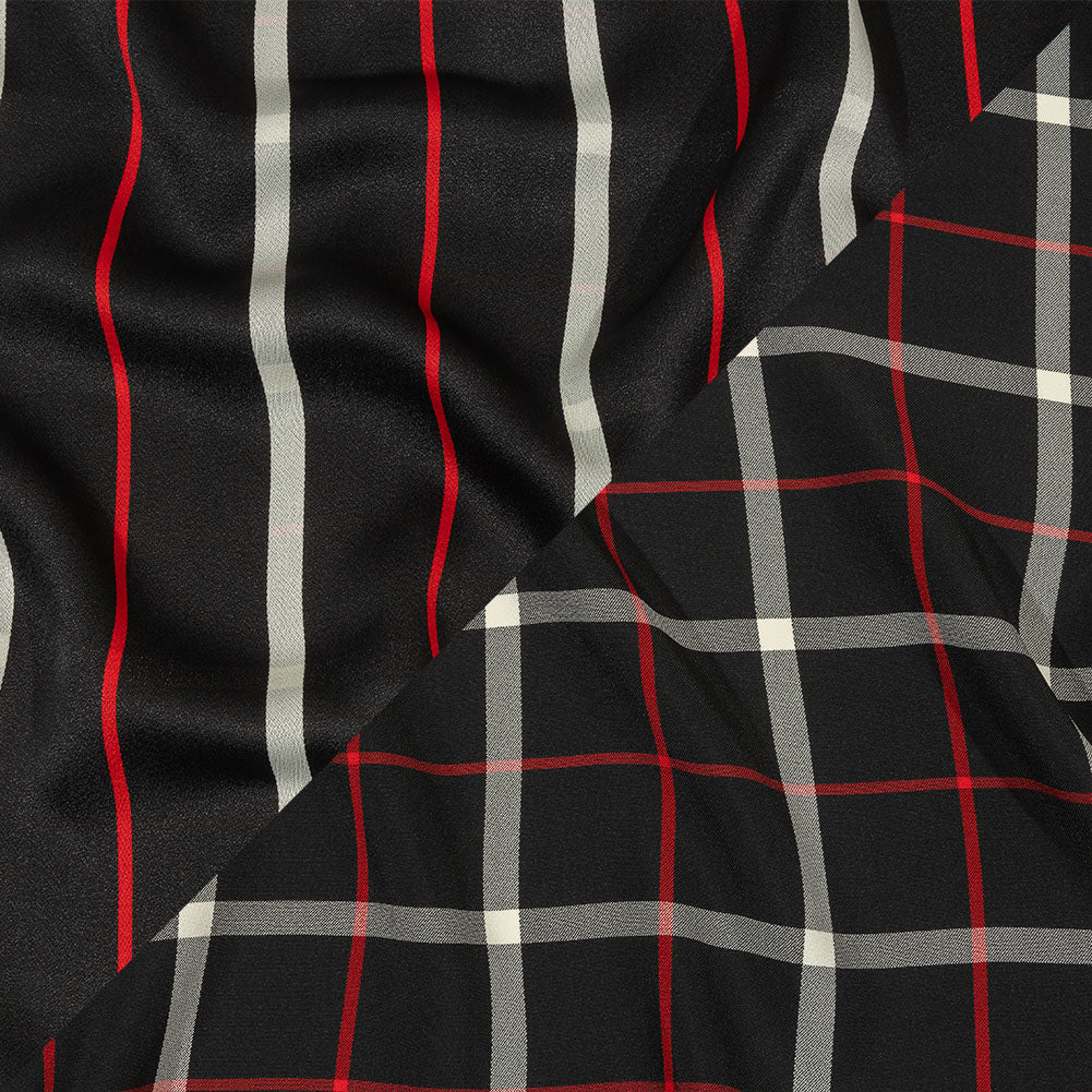 Balenciaga Italian Black, Star White and Red Checked and Striped Double Faced Fluid Viscose Crepe Back Twill - Joann Fabrics