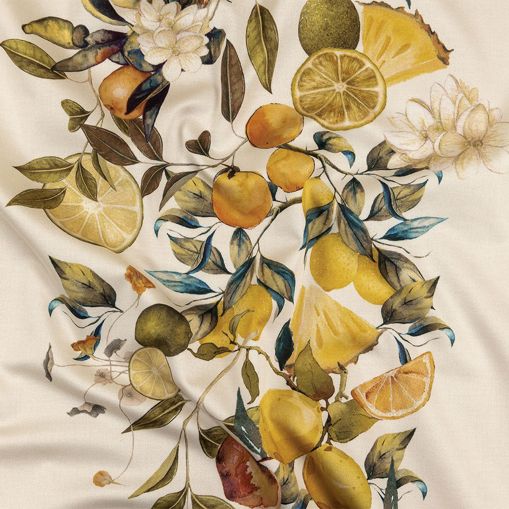Stretch Cotton Sateen - Yellow and Green Fruit Vine - Panier de Fruits Print - Mood Exclusive Jacques Collection - Joann Fabrics