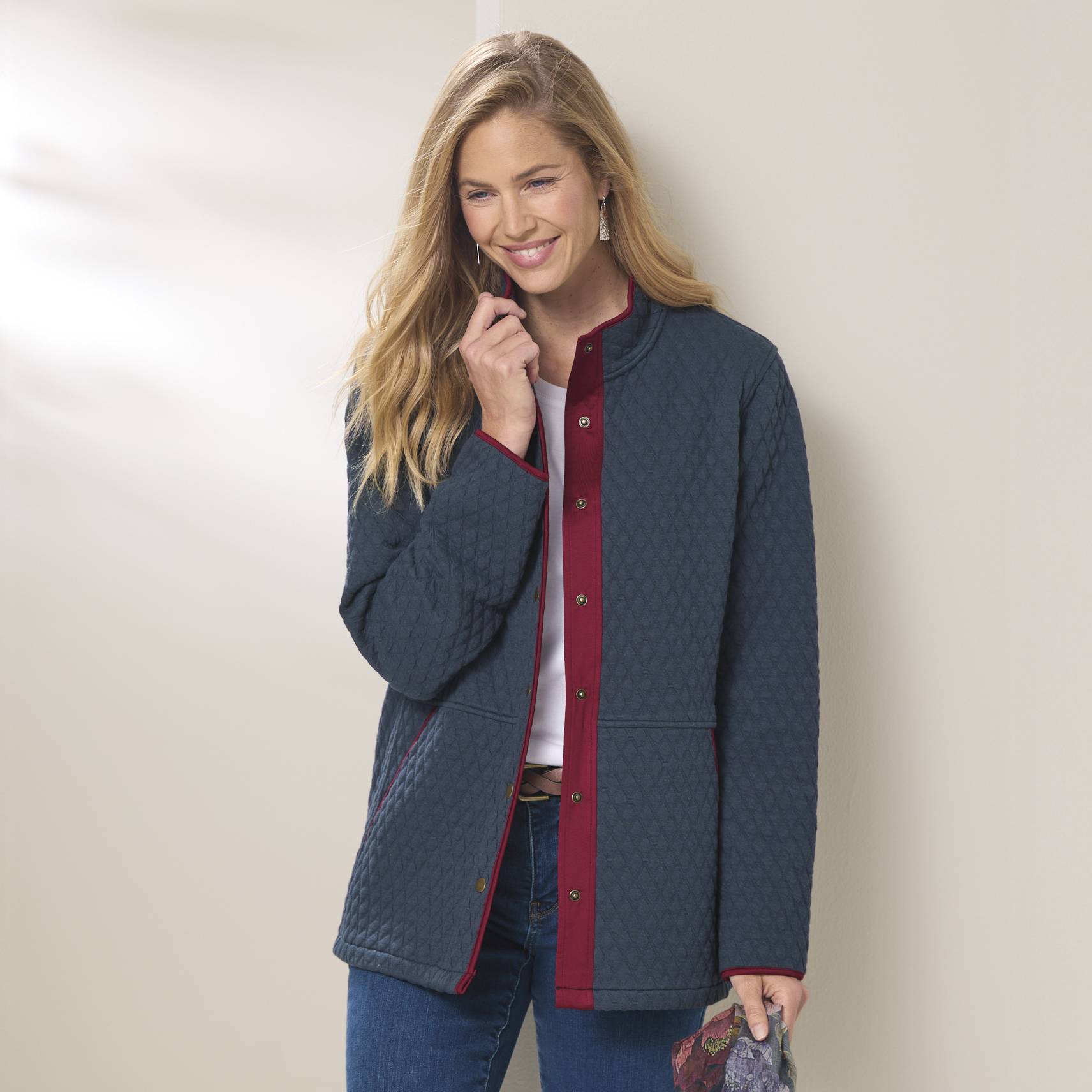 Snap-Front Quilted Jacket, Knit, Contrast Piping, Front Pockets - Northstyle Catalog