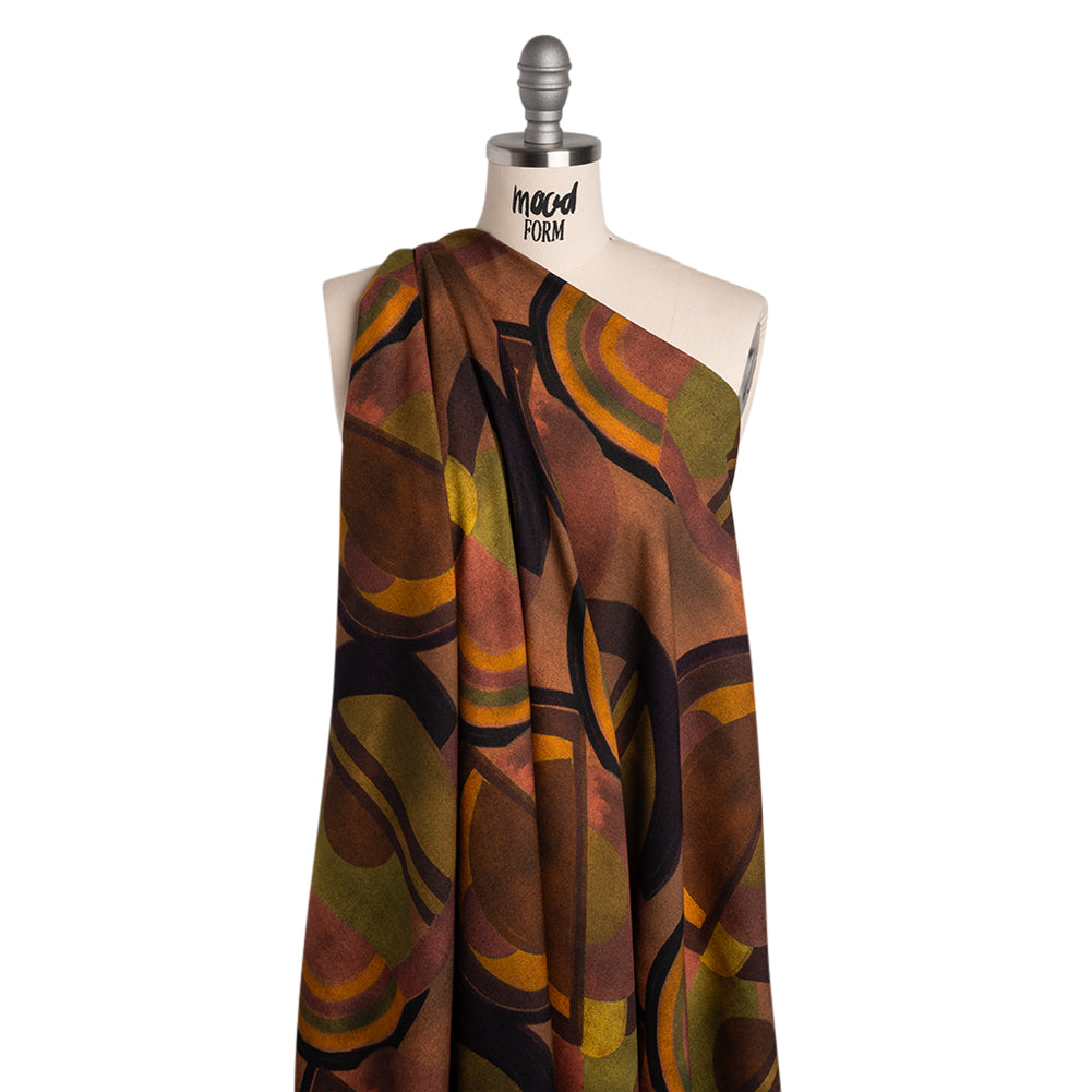 Viscose Crepe - Brown, Dark Red and Olive Green Soft Geometrics - Mood Exclusive Orphic Orbits Print - Joann Fabrics