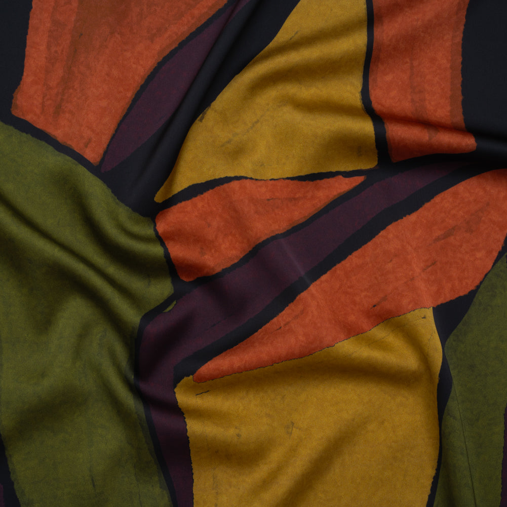 Polyester Satin - Olive Green, Aubergine and Mustard Abstract Shapes - Mood Exclusive Terra Mosaic Print - Joann Fabrics