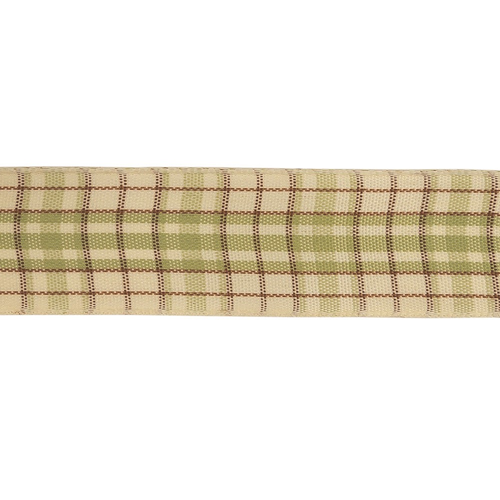 Sage, Brown and Vanilla Ice Plaid Woven Ribbon - 1