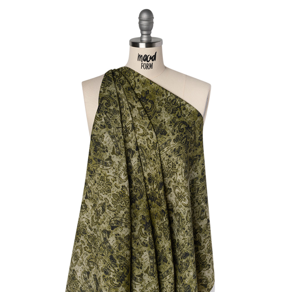 Slubbed Gauzy Cotton Woven - Olive and Dark Green Distressed Floral Damask - Mood Exclusive Reflecting Revelations Print - Joann Fabrics