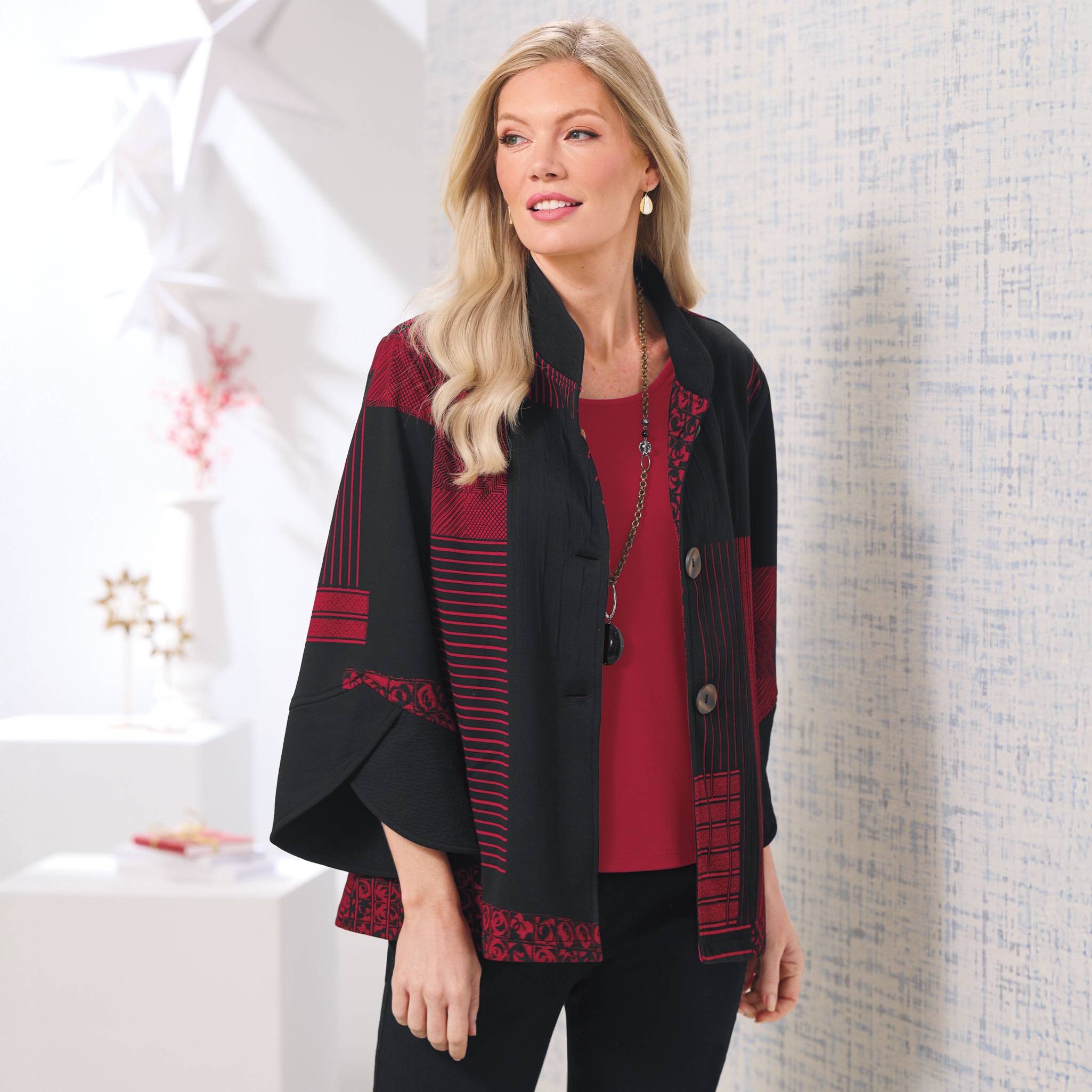 Mixed-Pattern Knit Jacket, Tulip Sleeves, Side Pockets - Northstyle Catalog