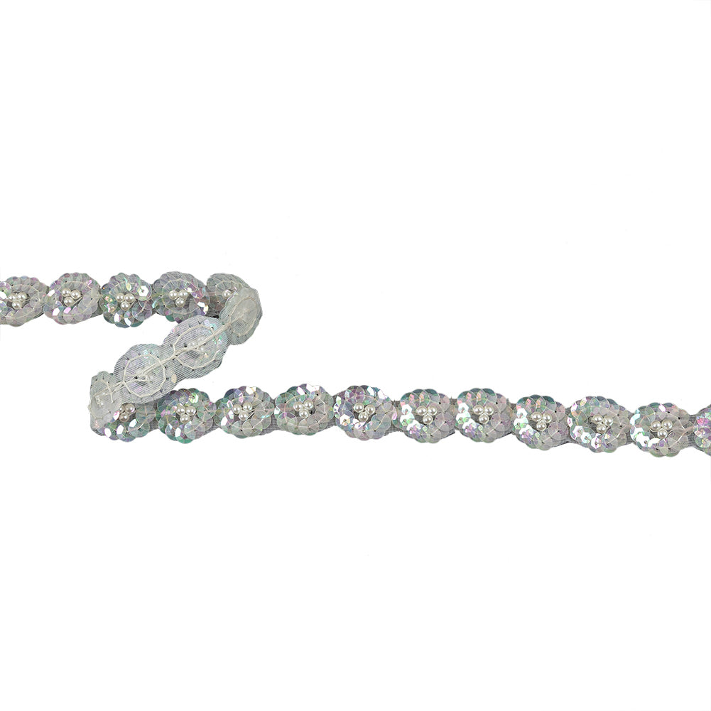 Vintage Iridescent Sequin Flowers Trim with Pearl Bead Centers - 0.75