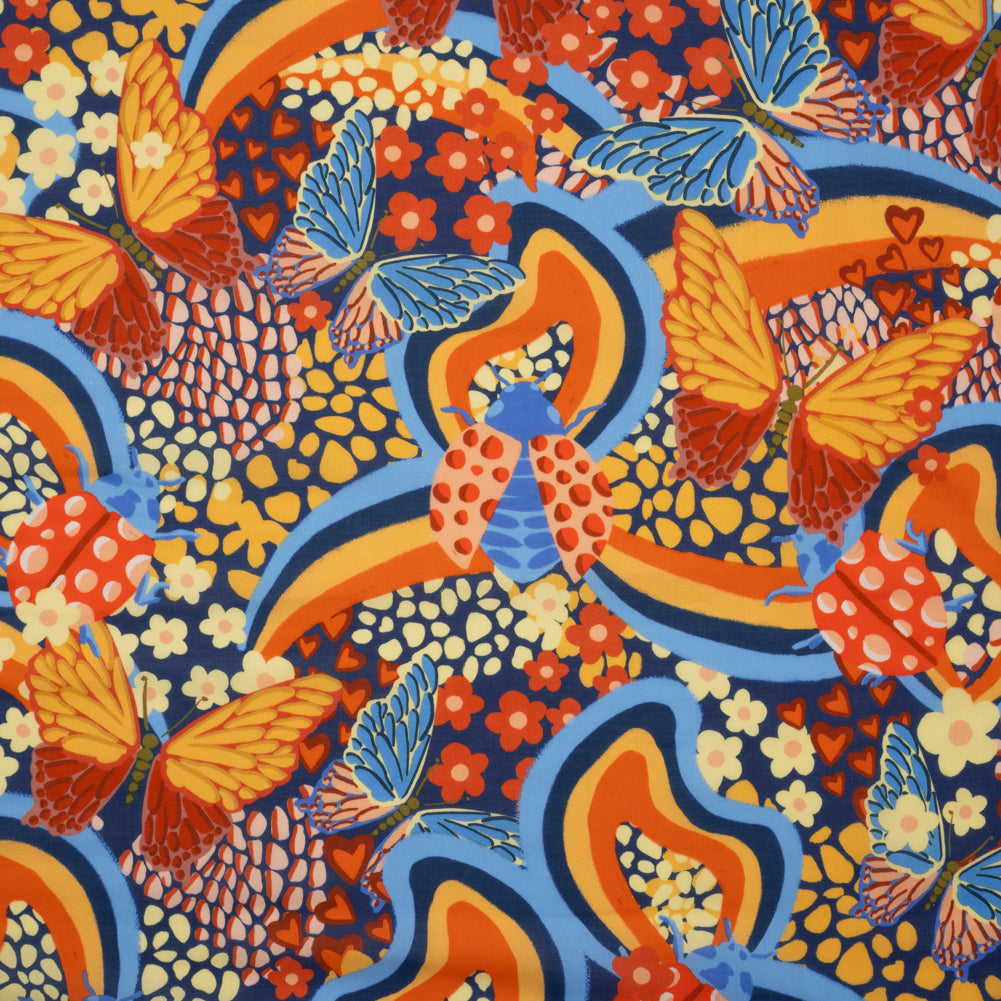 Cotton Voile - Orange and Blue Butterflies and Doodles - Sunbeam Garden Print - Mood Exclusive Chariot Collection - Joann Fabrics