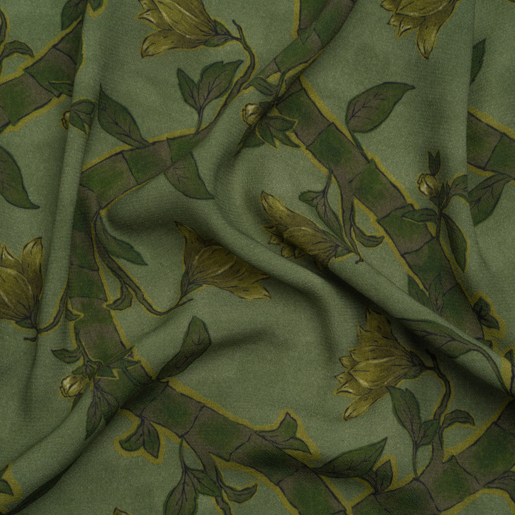 Sustainable Viscose Crepe Print - Green Floral Ogee Lattice - Mood Exclusive Intertwined Vines - Joann Fabrics