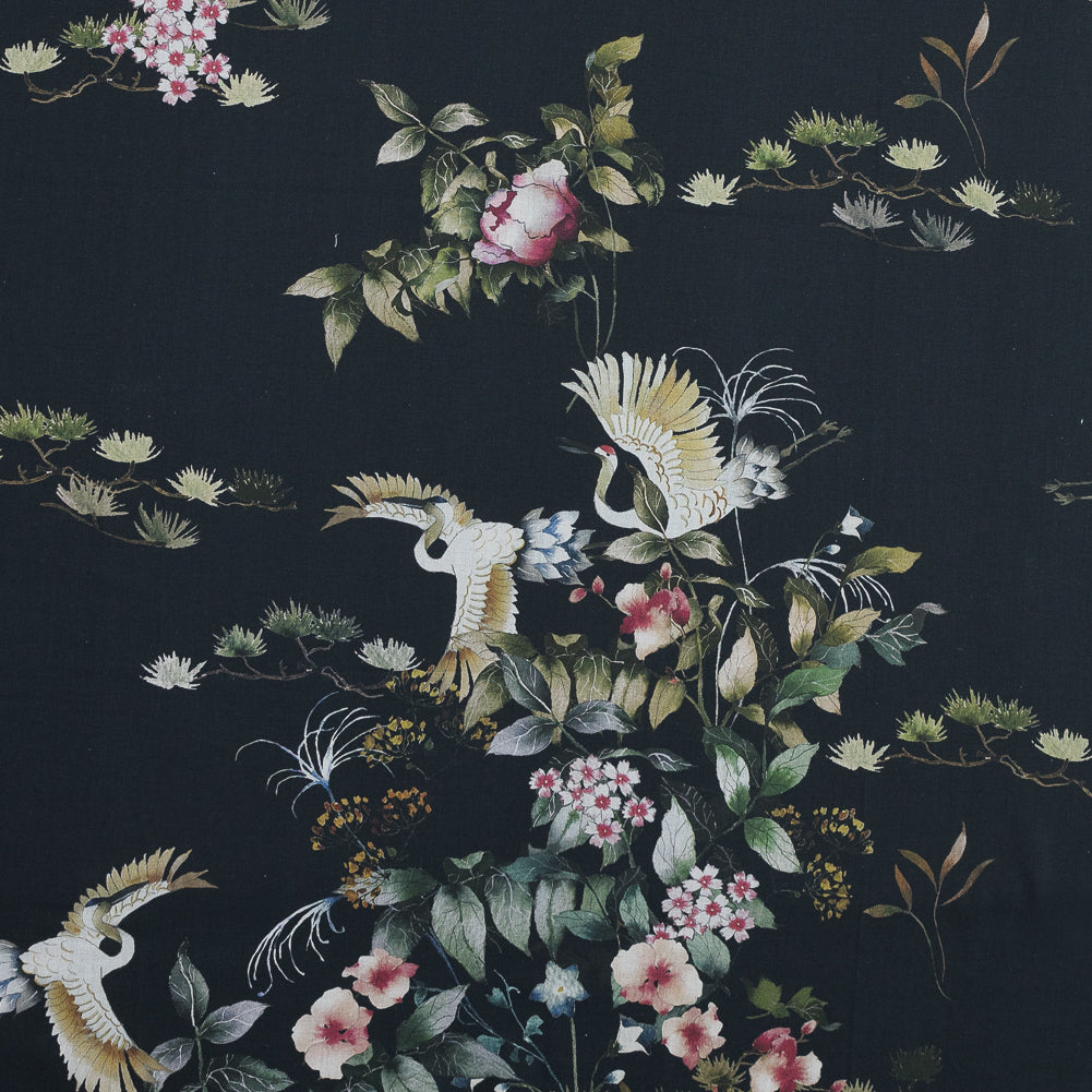Cotton Voile - Black and Green Birds and Flowers - La Grande Tournee Print - Mood Exclusive Jacques Collection - Joann Fabrics