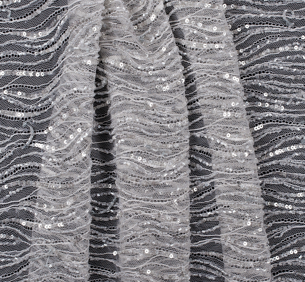 Beaded and Sequined Lace with Scallop Edge - Silver Abstract - Joann Fabrics